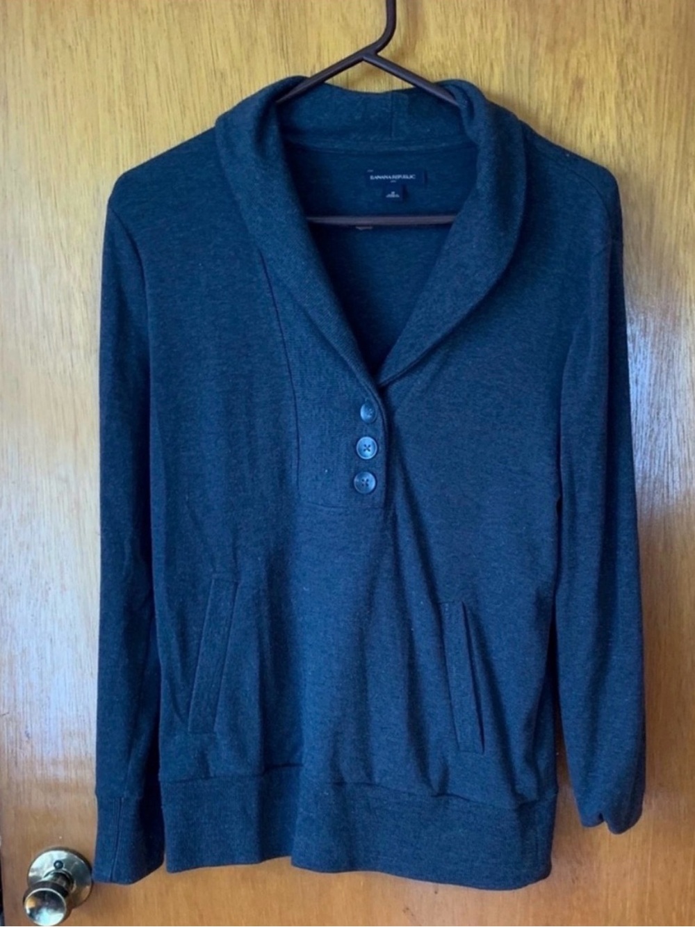 Banana Republic Dark Charcoal Shawl-Collar Button Pullover Sweater